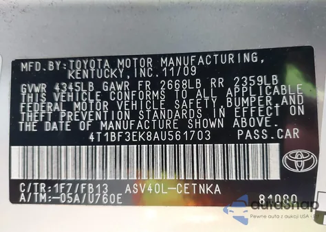 2010 Toyota Camry Le from USA, damaged, VIN 4T1BF3EK8AU561703